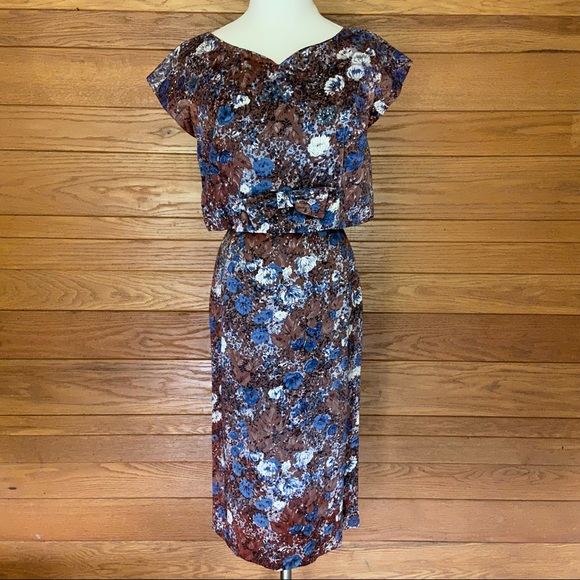 Vintage 60s brown and blue bow front wiggle dress - Picture 2 of 12